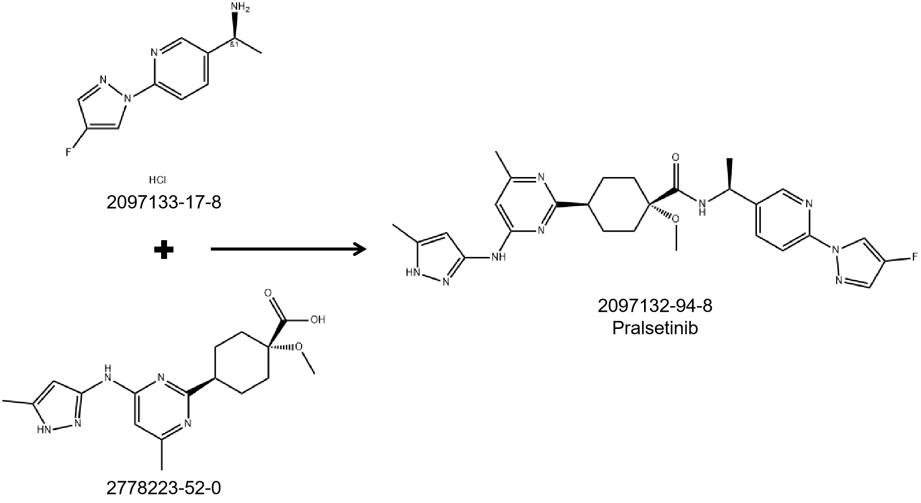 The last step of synthesizing Pralsetinib: By reacting two Pralsetinib intermediates 2097133-17-8 and 2778223-52-0 we supply, one will get Pralsetnib API.